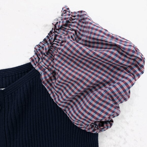 Maeve Anthropologie Puff Sleeve Mini Dress  Ribbed Knit Buttons Stretch LARGE - Picture 5 of 8